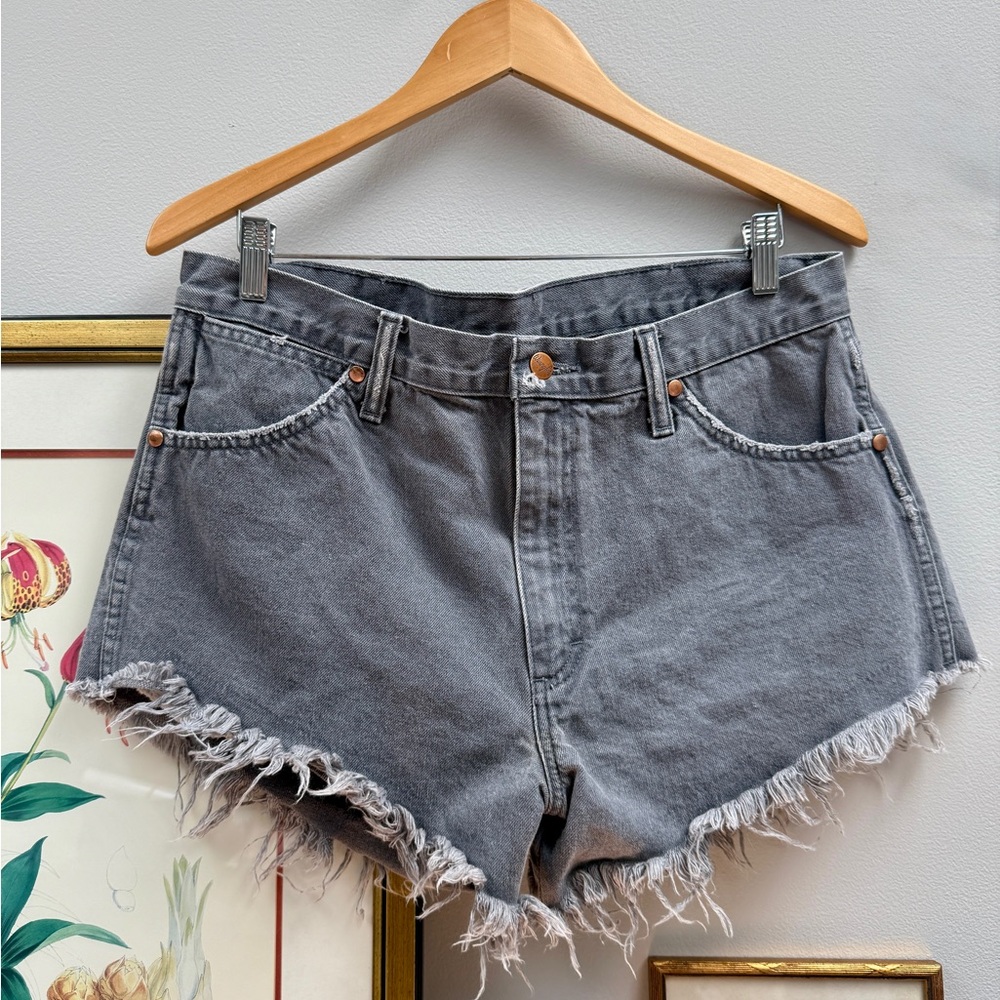 Wrangler Women’s Cutoff Denim Shorts-Light Grey w/Frayed Hem&Distressed Details